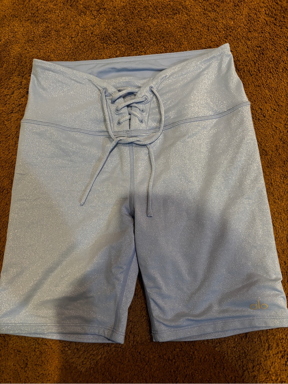 ALO Yoga Lace-Up High-Waist Shimmer Bike Shorts - Light Blue